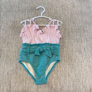 Shade Critters Girls Pink Ruffle Top Two-Tone Glitter Swimsuit